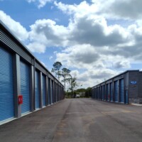 Drive-up storage units aisle outdoors